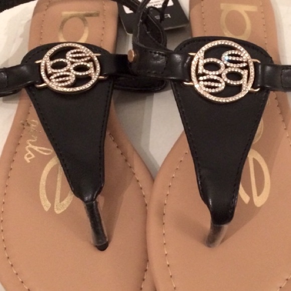 NWT Bebe Girls Black Shiny Bling Rhinestone Princess Thong Ankle Strap Sandals - Picture 2 of 4